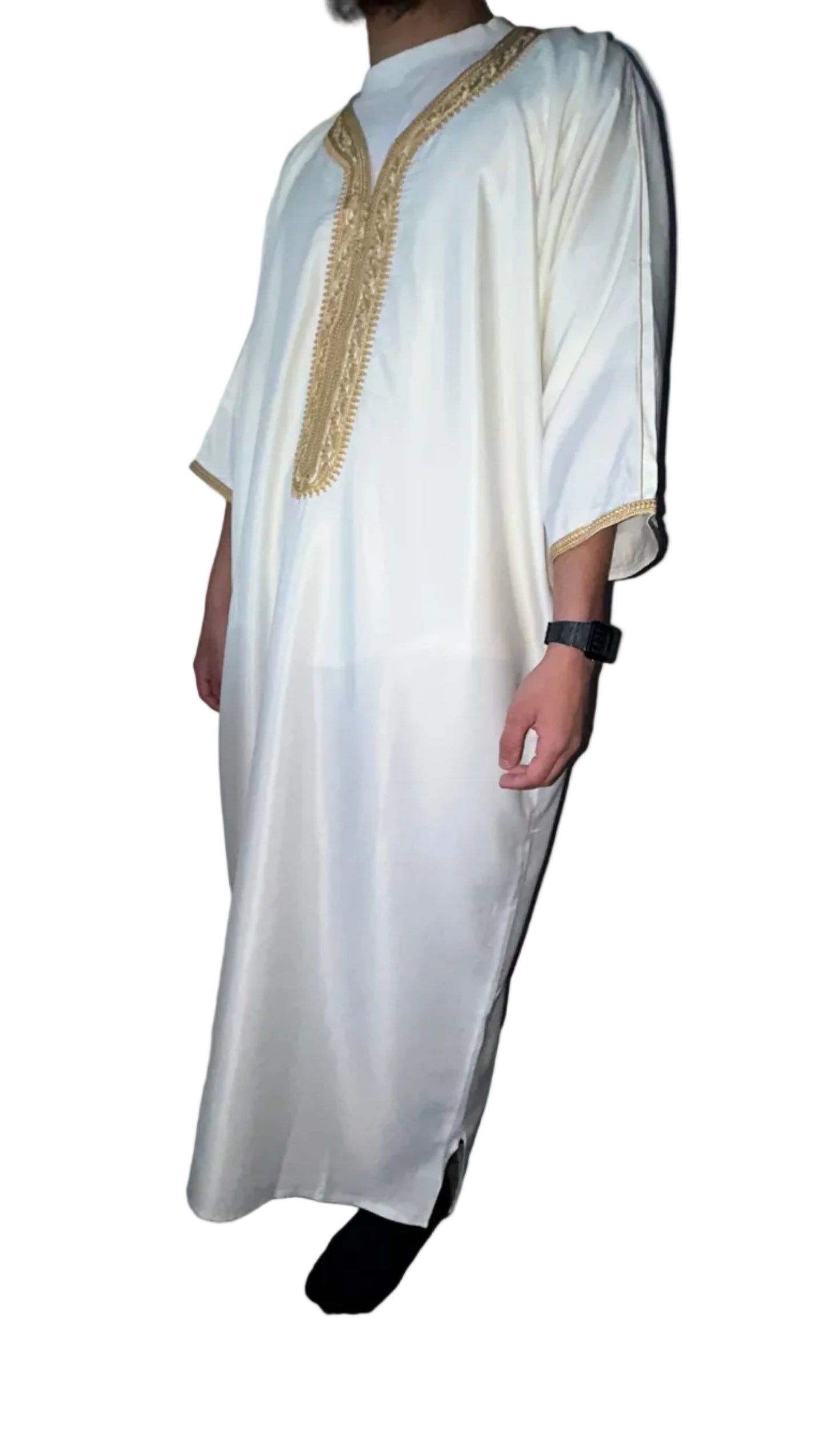 men's Luminous white Moroccan thobe with gold embroidery on chest and sleeves, front view