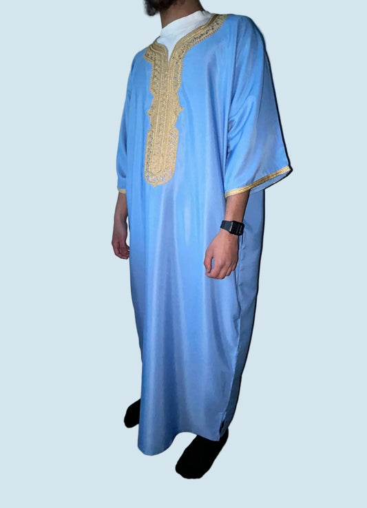 men's sky blue Moroccan thobe with gold embroidery on chest and sleeves, side view