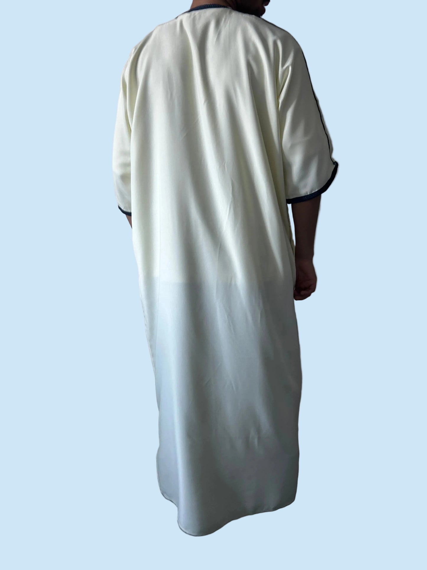 men's White Moroccan thobe with midnight blue embroidery, back view