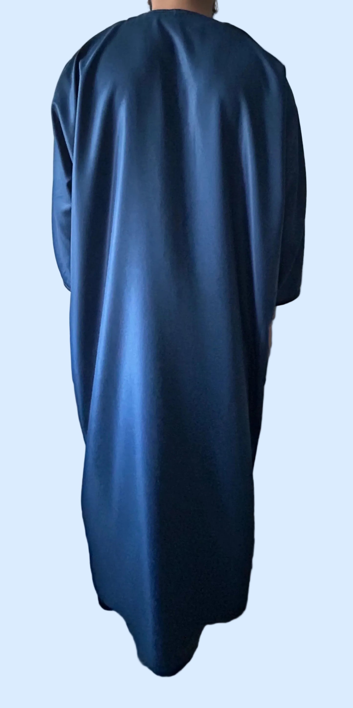 Midnight blue Moroccan thobe with navy embroidery, back view
