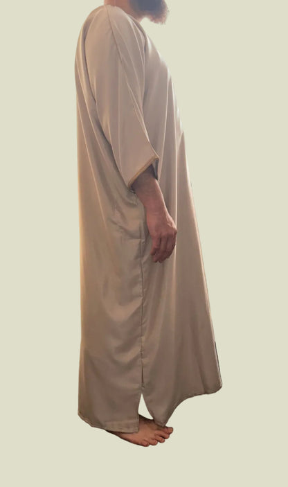 Beige Moroccan thobe with copper embroidery – side view | Marwa London