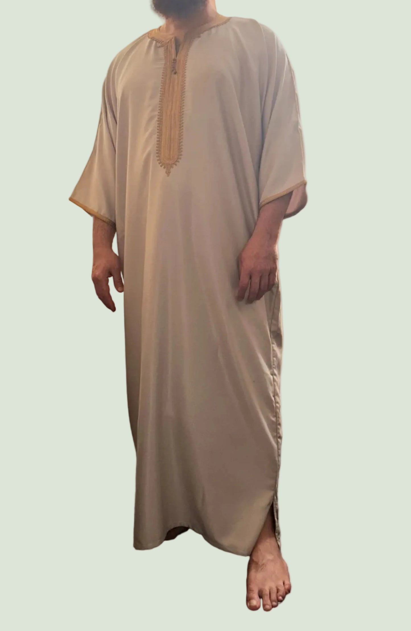 Beige Moroccan thobe with copper embroidery – front view | Marwa London