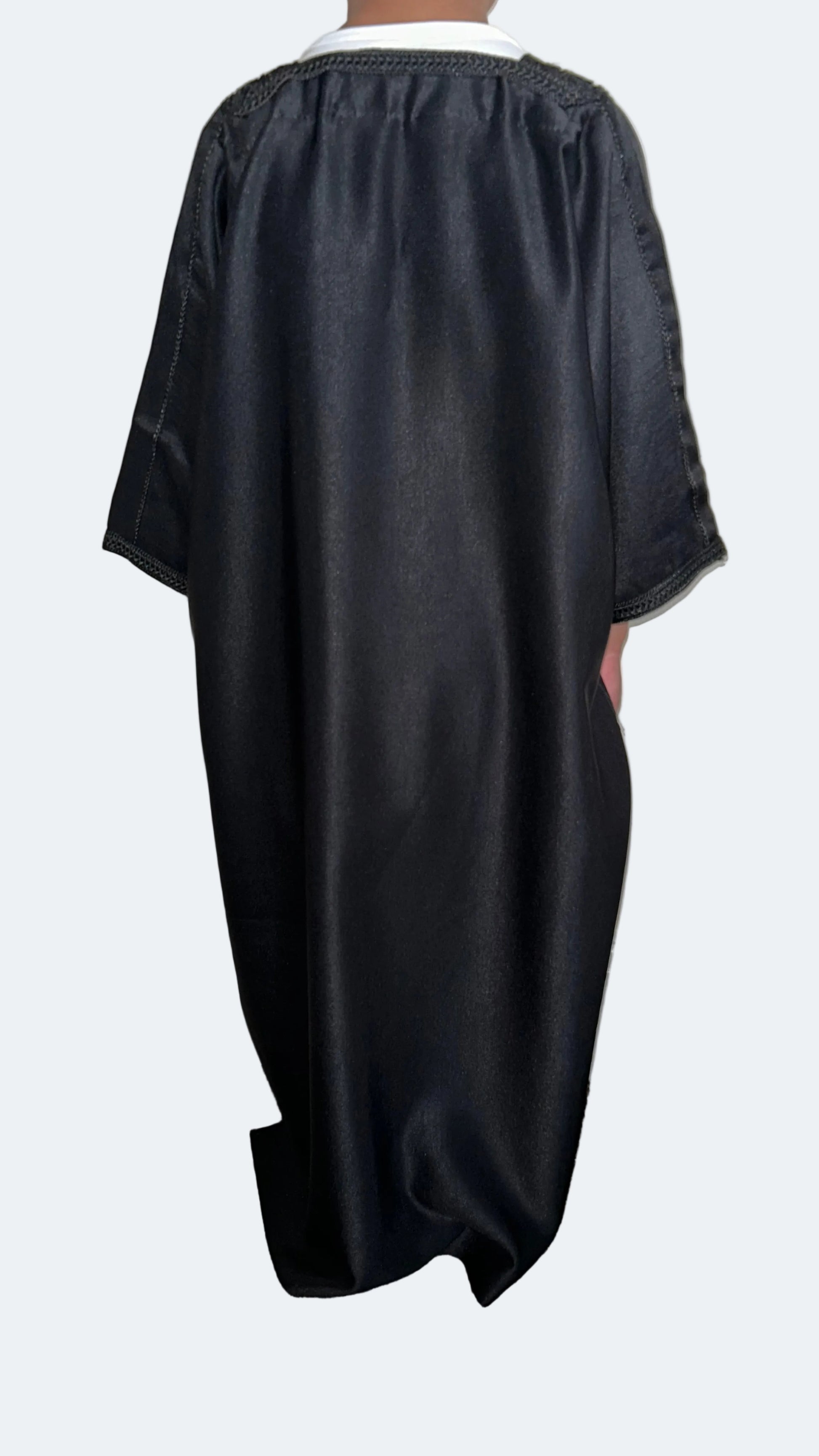 Boys black Moroccan thobe with tonal black embroidery – back view | Marwa London