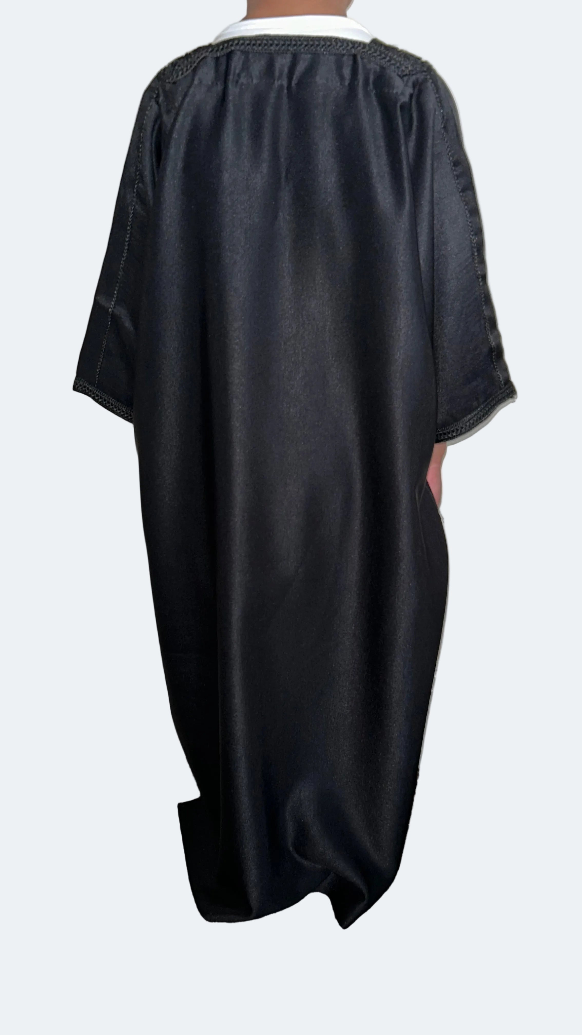 Boys black Moroccan thobe with tonal black embroidery – back view | Marwa London
