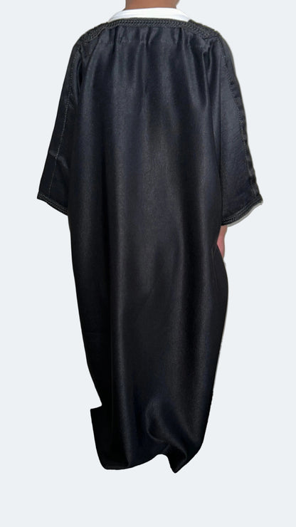 Boys black Moroccan thobe with tonal black embroidery – back view | Marwa London