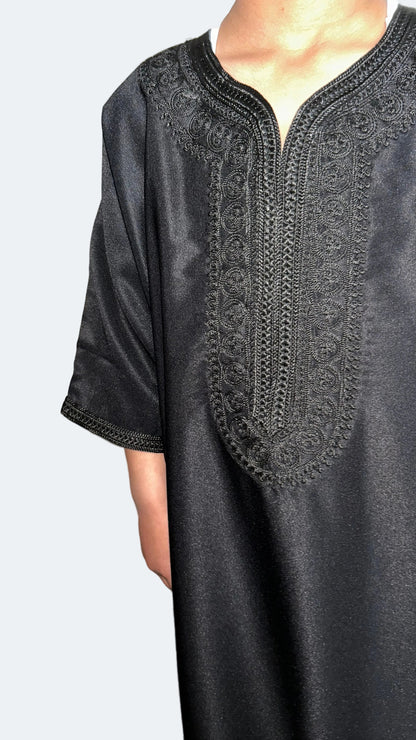 boys black Moroccan thobe with tonal black embroidery – closeup view | Marwa London