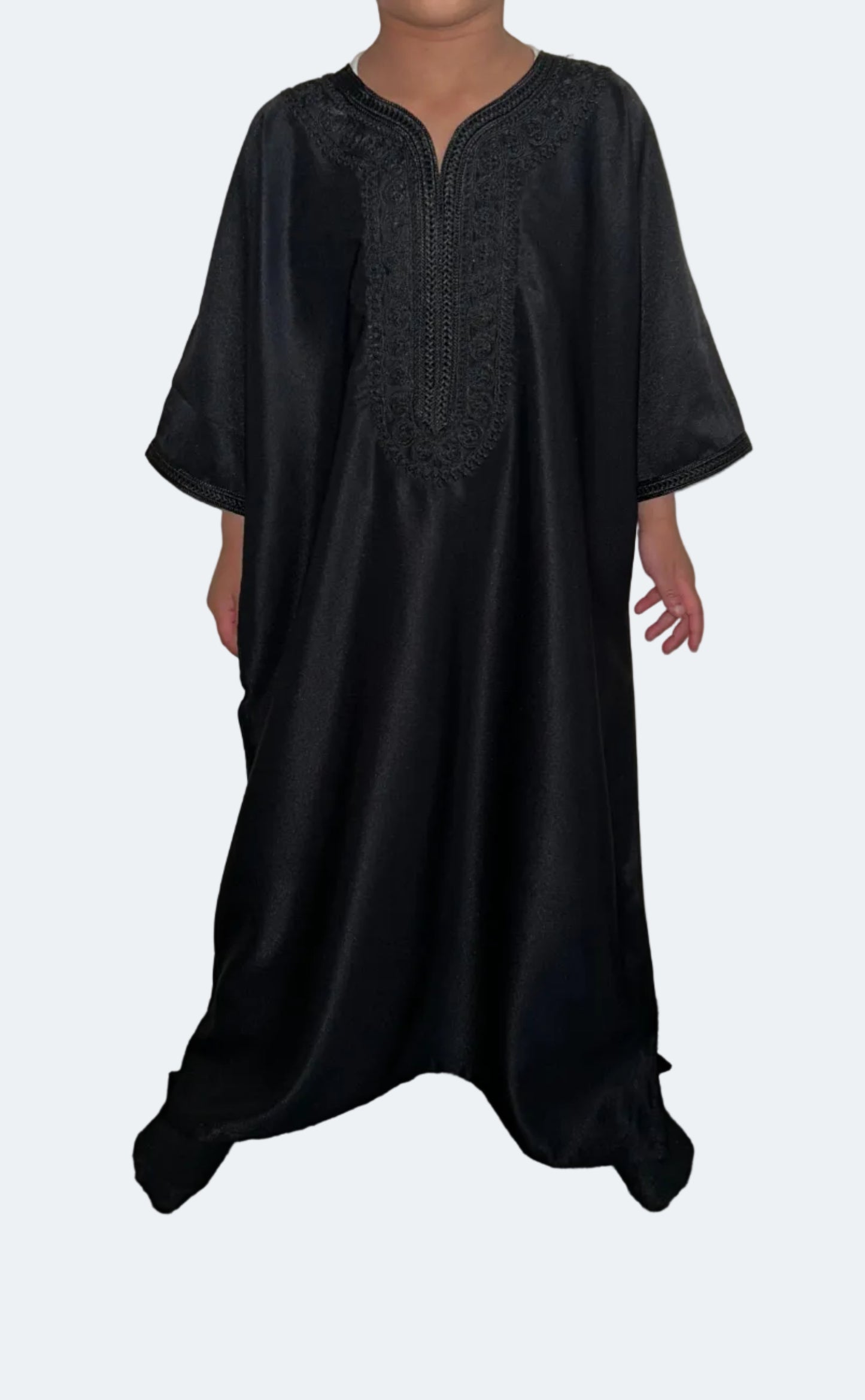 boys black Moroccan thobe with black embroidery – front view | Marwa London