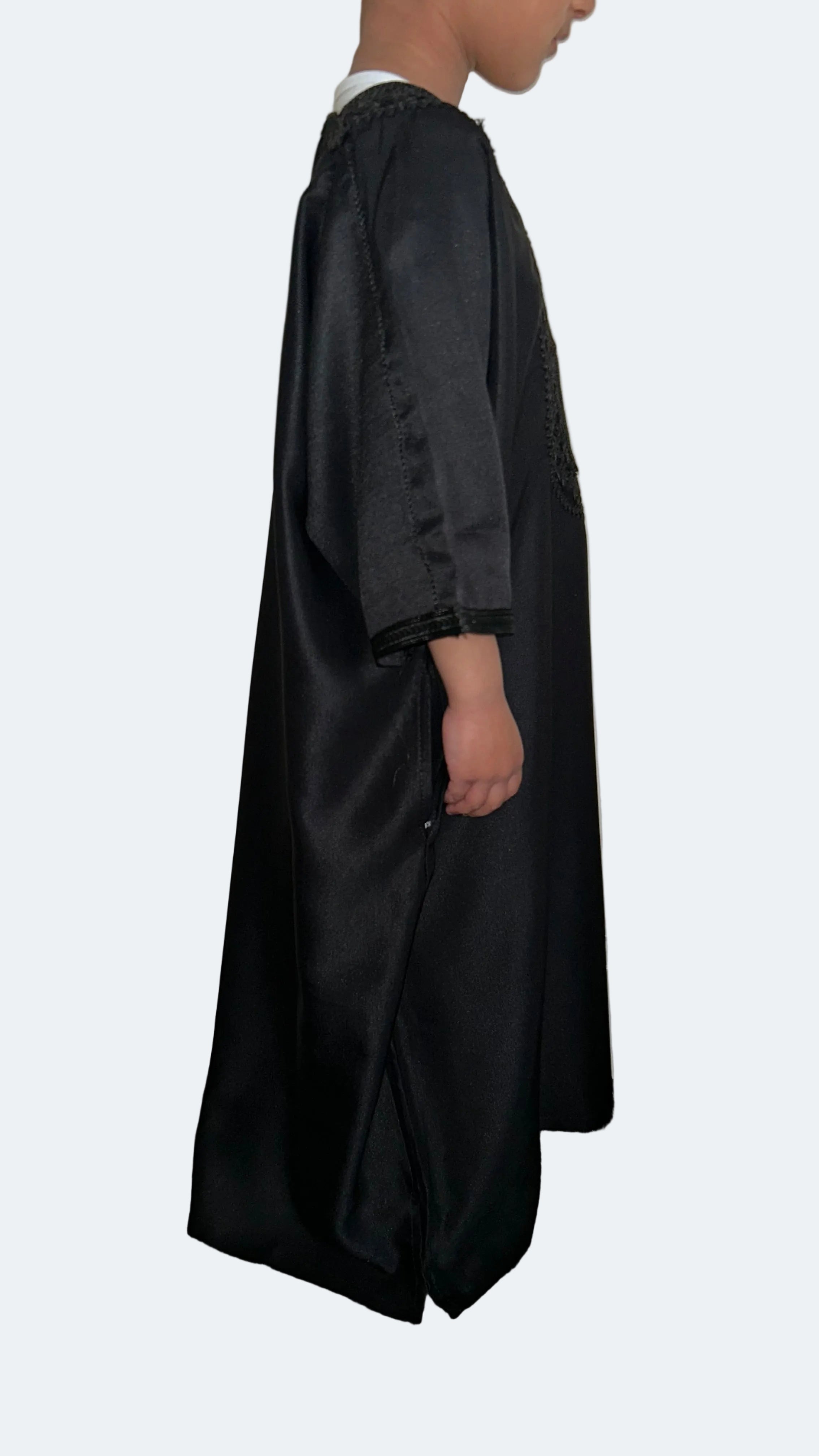 Boys black Moroccan thobe with tonal black embroidery – side view | Marwa London