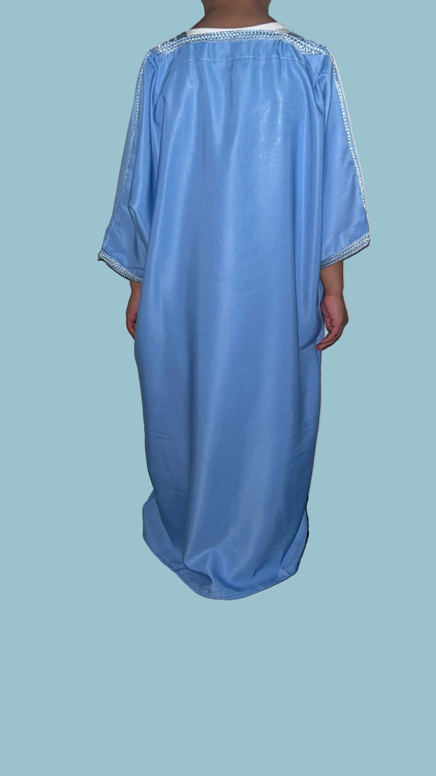 boys' sky blue Moroccan thobe with baby blue embroidery, back view