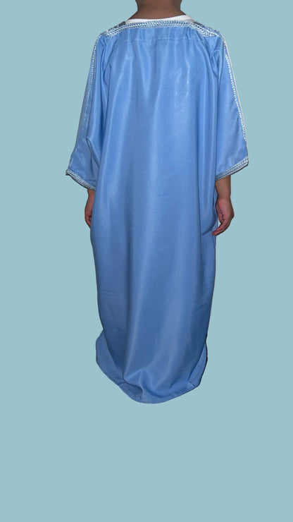 boys' sky blue Moroccan thobe with baby blue embroidery, back view