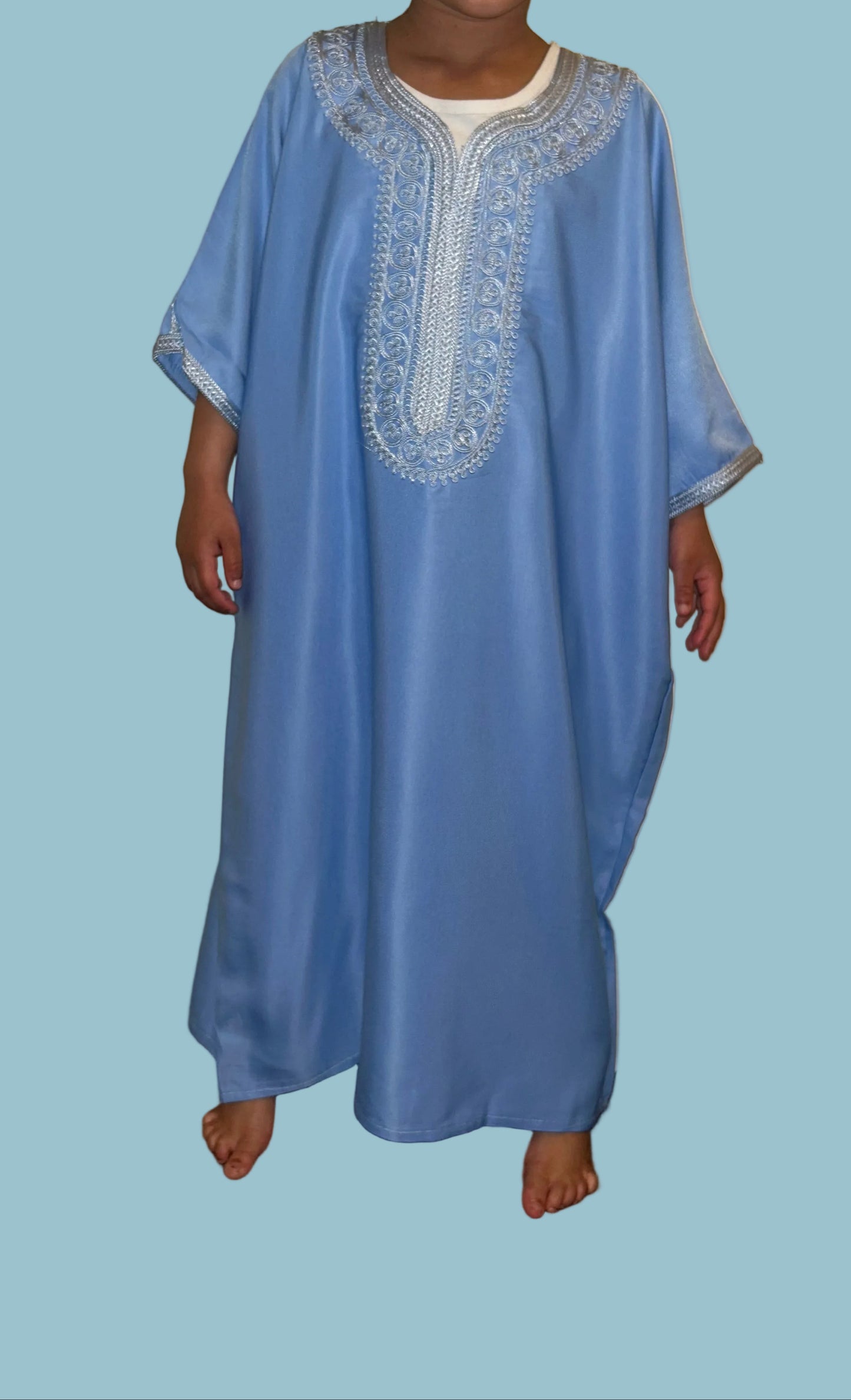 Boys' sky blue Moroccan thobe with baby blue embroidery, front view