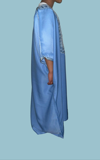 Boys' sky blue Moroccan thobe with baby blue embroidery, side view