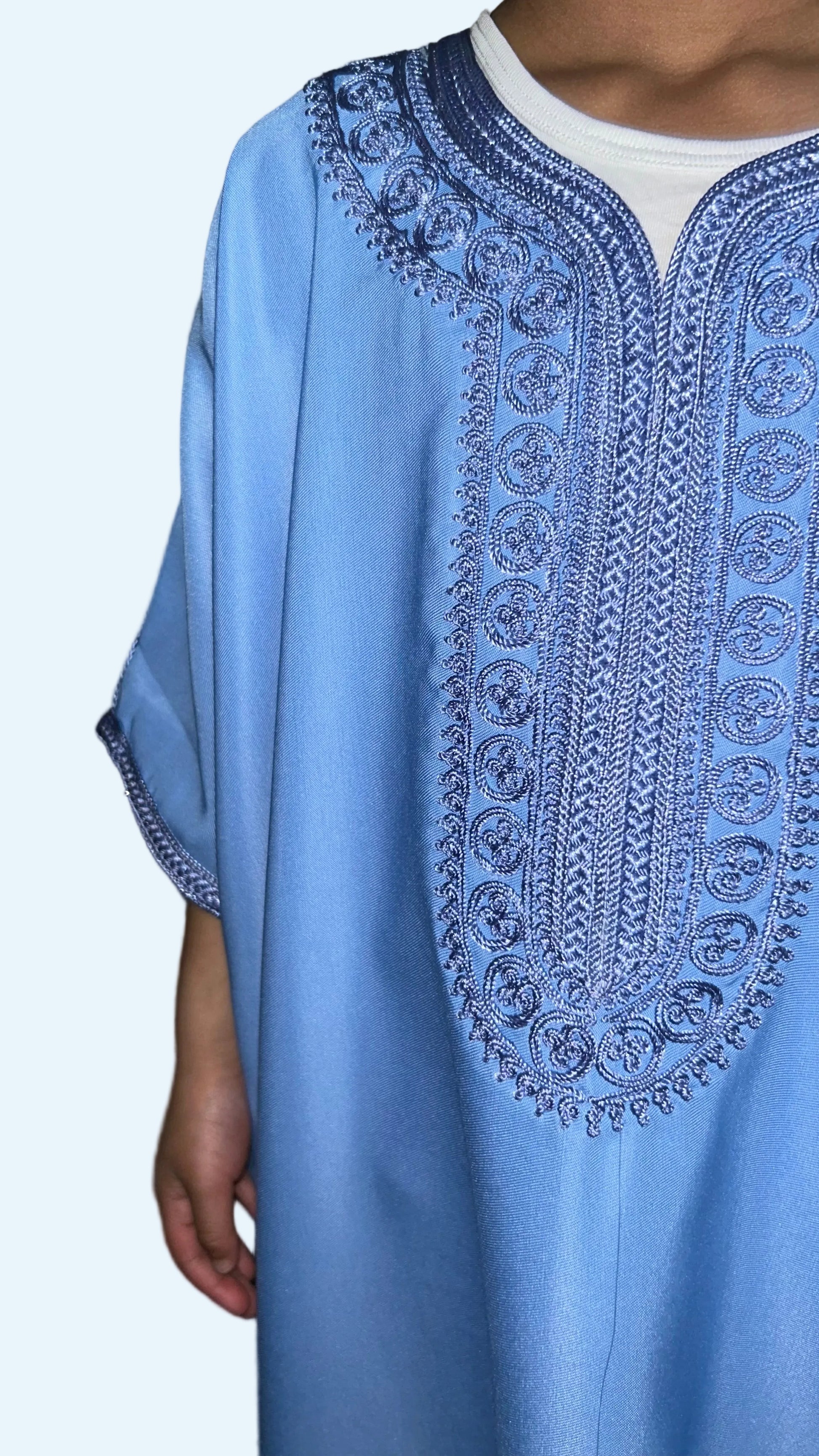 Boys sky blue Moroccan thobe – closeup view | Marwa London