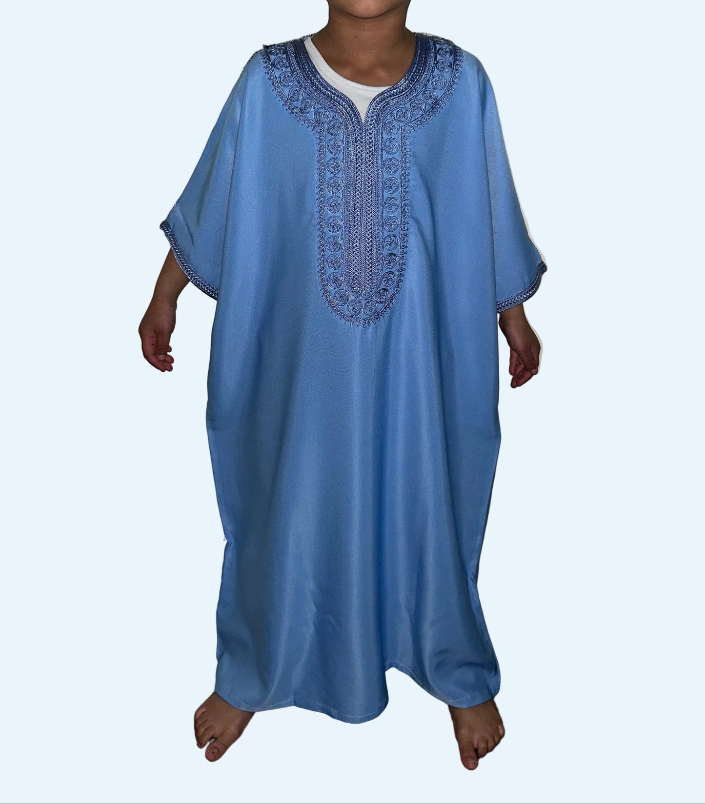 Boys sky blue Moroccan thobe – front view | Marwa London
