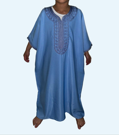 Boys sky blue Moroccan thobe – front view | Marwa London