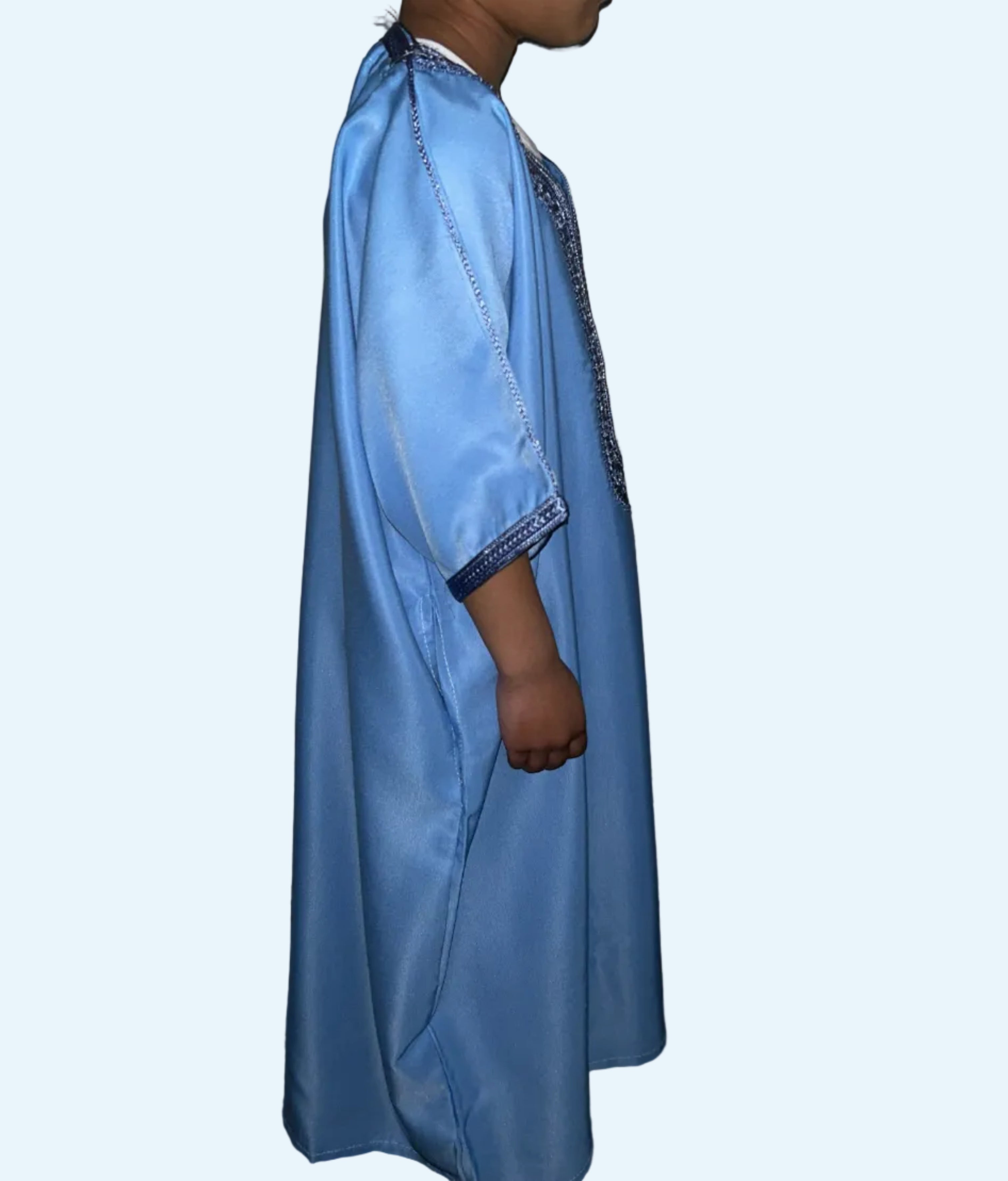 Boys sky blue Moroccan thobe – side view | Marwa London