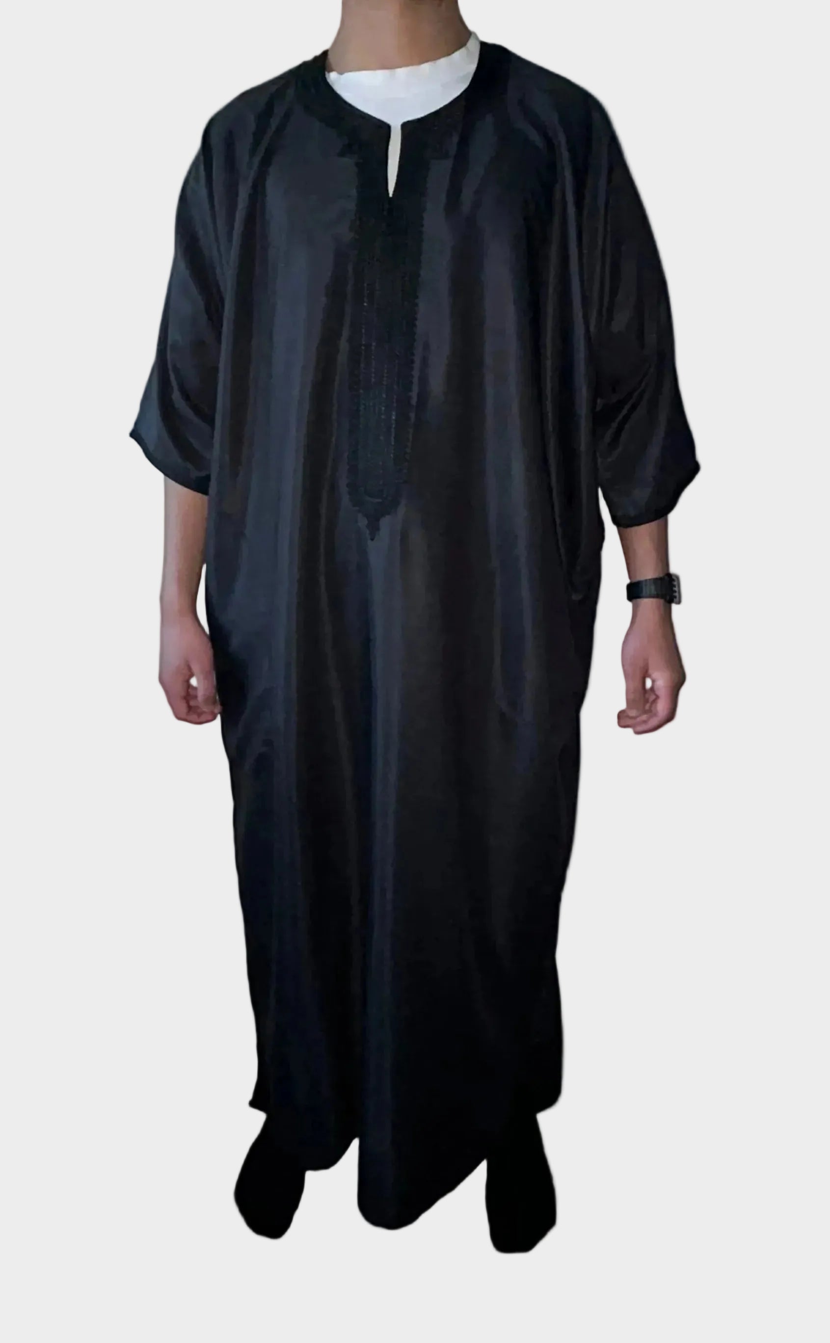 men's Full black Moroccan thobe, front view