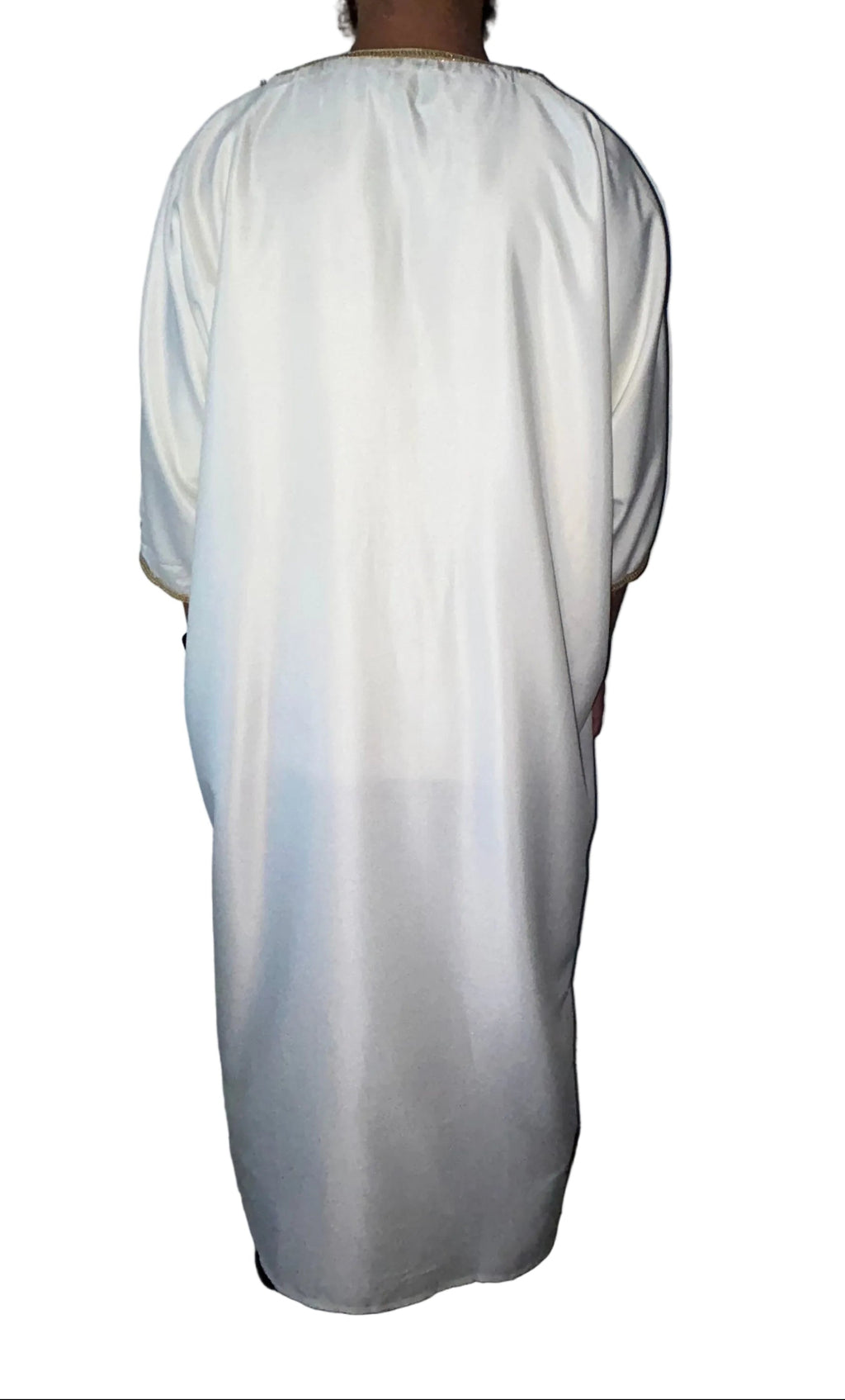 men's Luminous white Moroccan thobe with gold embroidery on chest and sleeves, back view