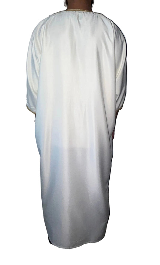men's Luminous white Moroccan thobe with gold embroidery on chest and sleeves, back view