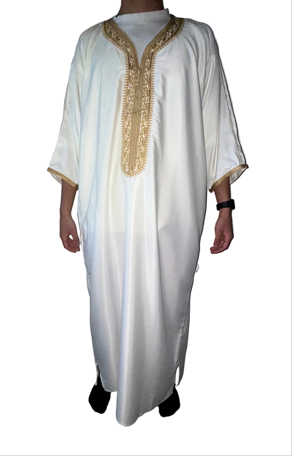 men's Luminous white Moroccan thobe with gold embroidery on chest and sleeves, front view