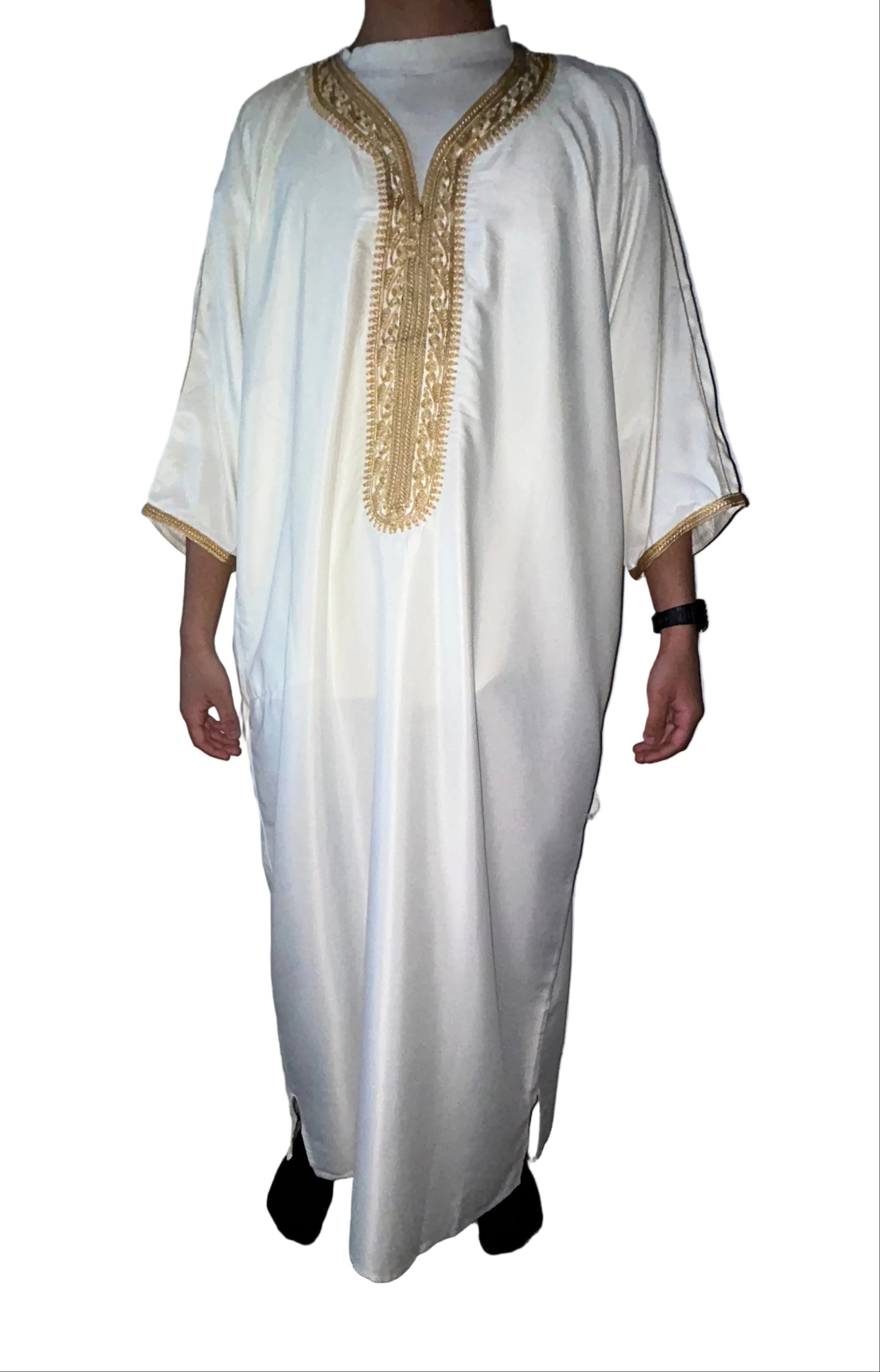 men's Luminous white Moroccan thobe with gold embroidery on chest and sleeves, front view