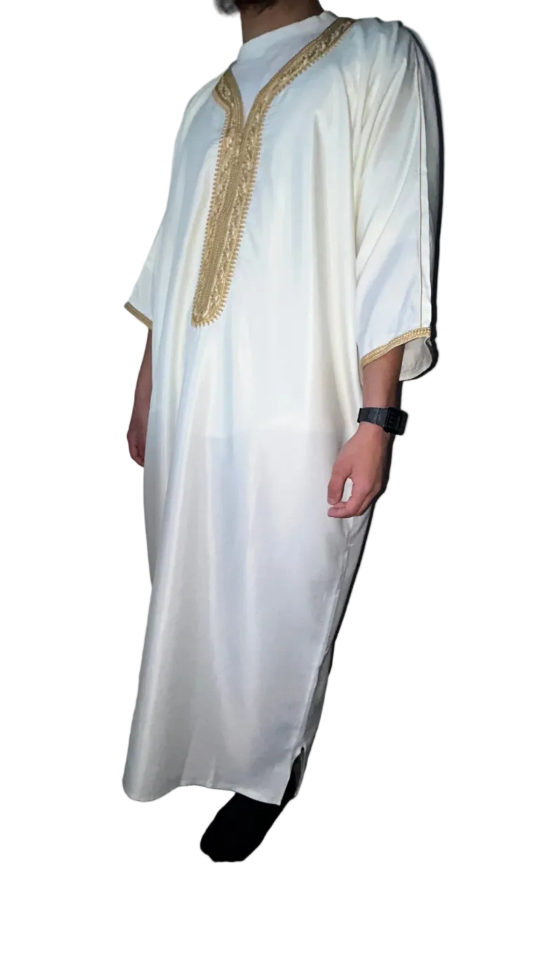 men's Luminous white Moroccan thobe with gold embroidery on chest and sleeves, front view