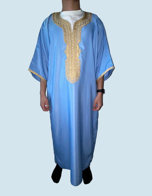 men's sky blue Moroccan thobe with gold embroidery on chest and sleeves, front view