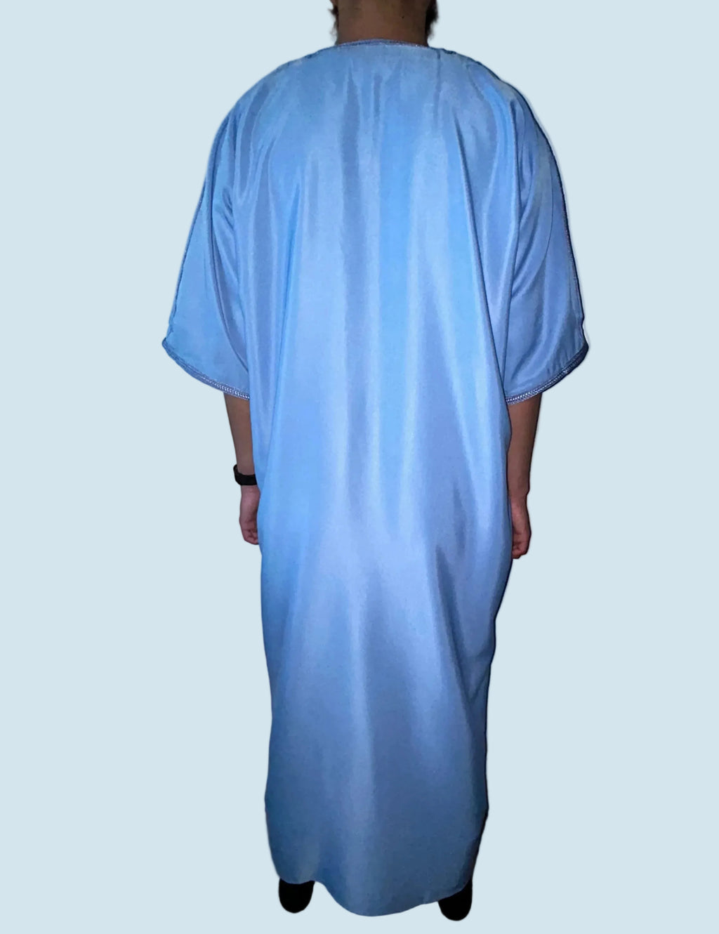 men's sky blue Moroccan thobe with gold embroidery on chest and sleeves, back view