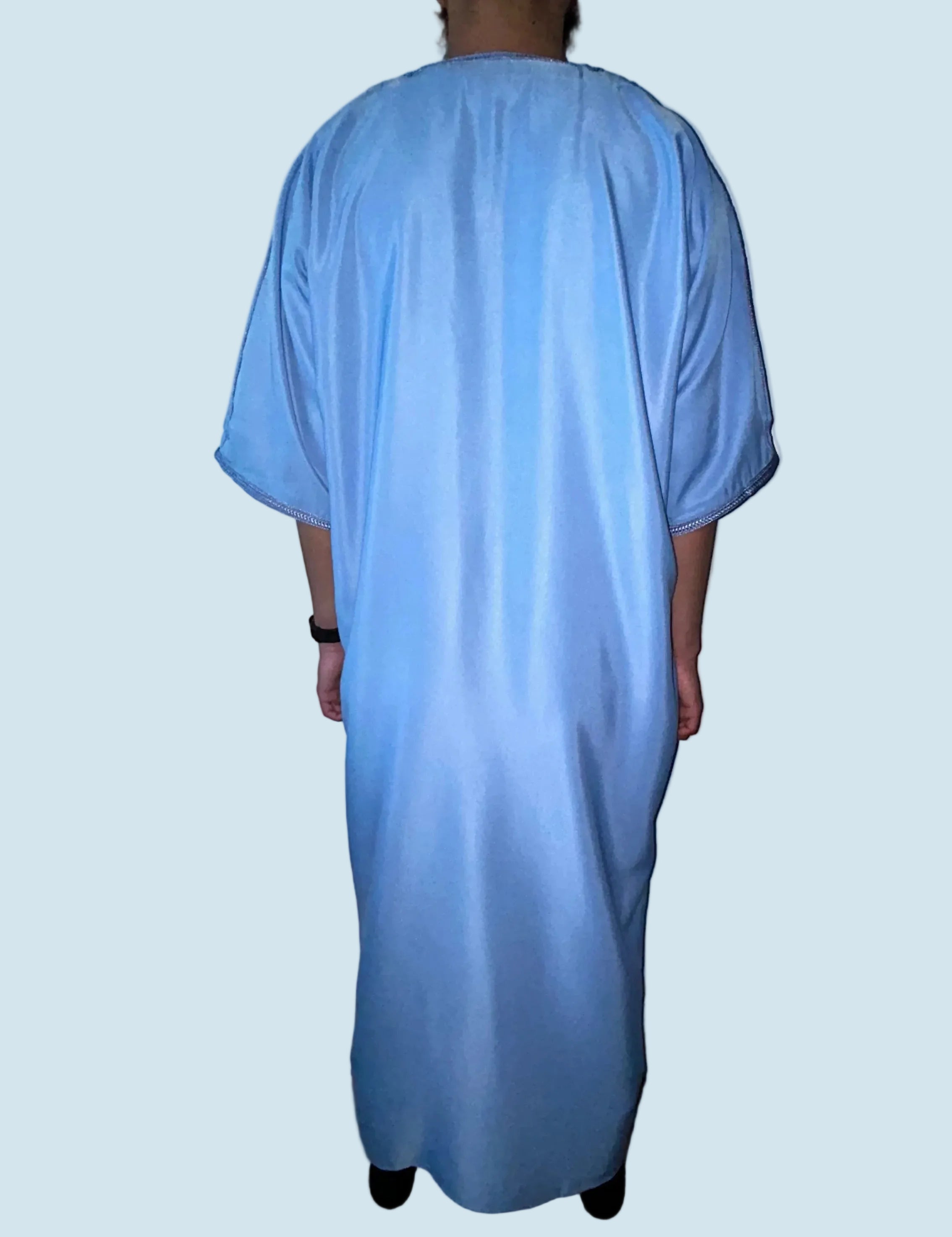 men's sky blue Moroccan thobe with gold embroidery on chest and sleeves, back view