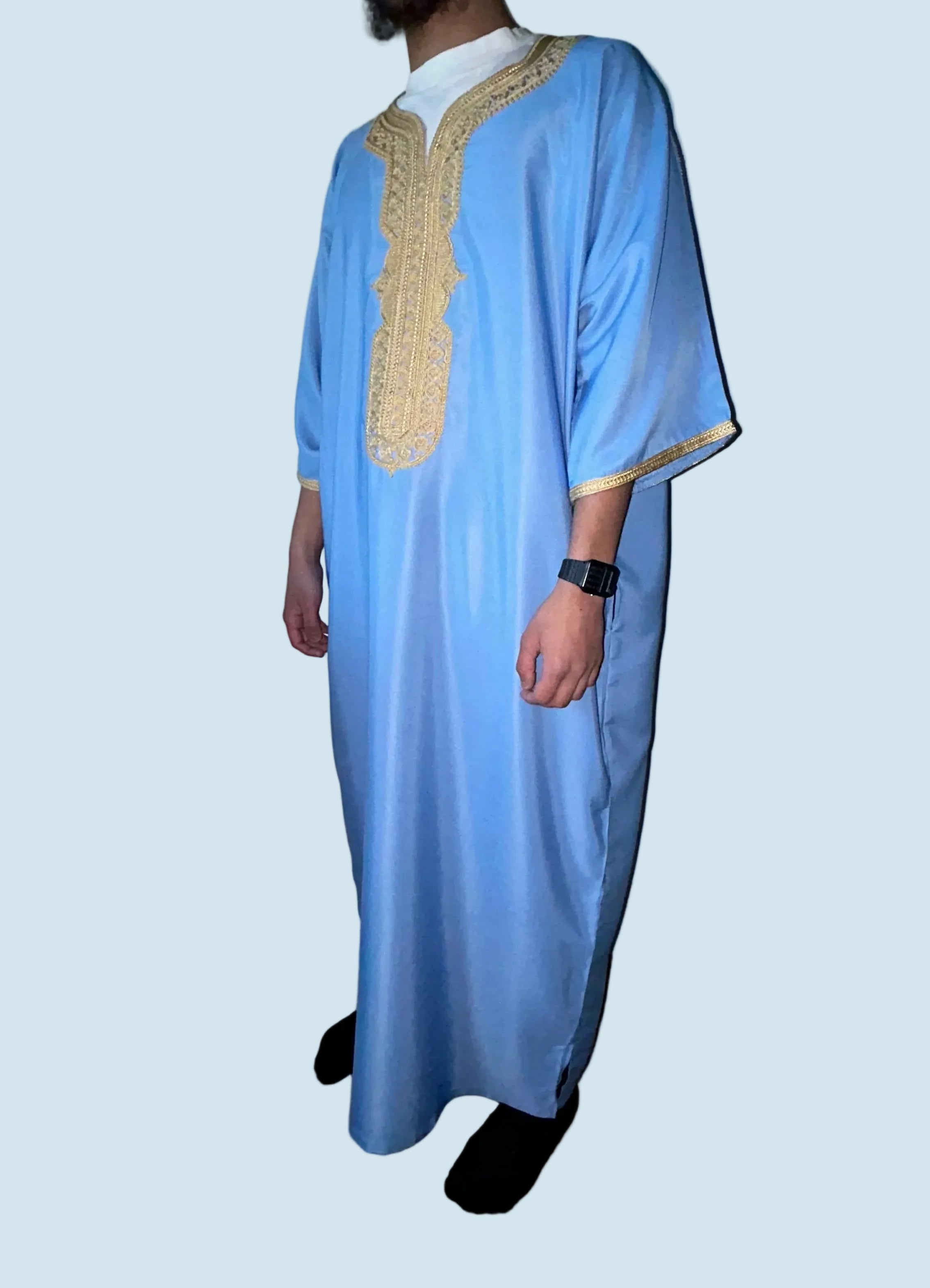 men's sky blue Moroccan thobe with gold embroidery on chest and sleeves, side view