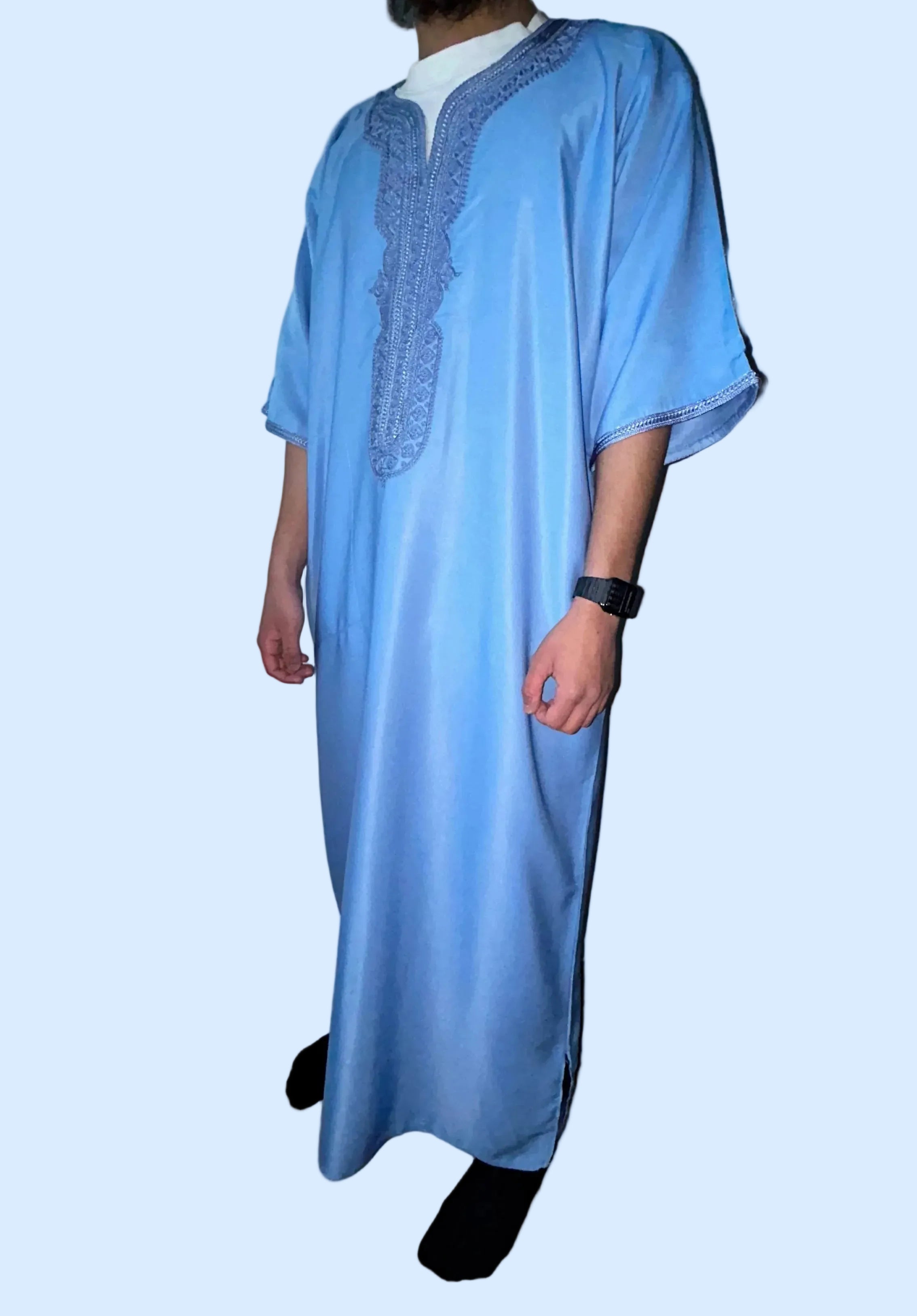 men's Sky blue Moroccan thobe, side view