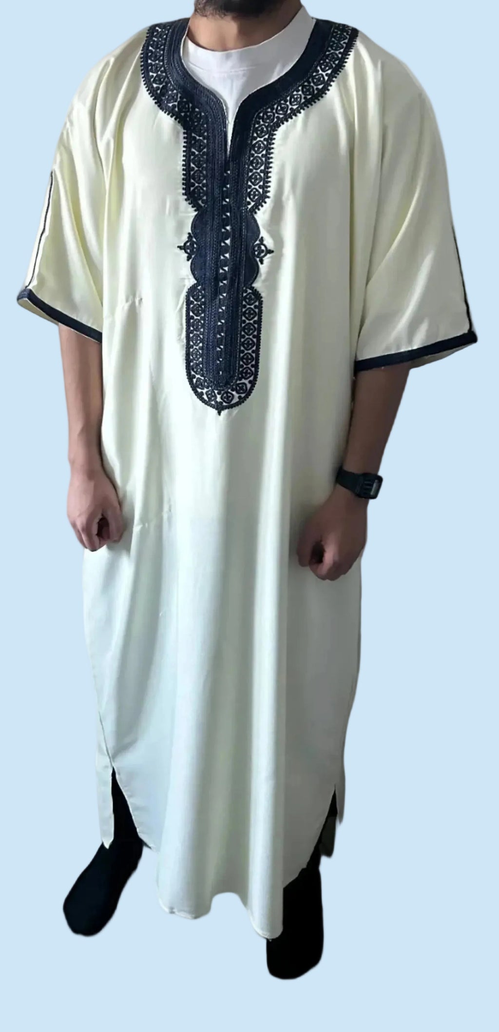 men's White Moroccan thobe with midnight blue embroidery, front view

