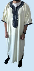 men's White Moroccan thobe with midnight blue embroidery, front view

