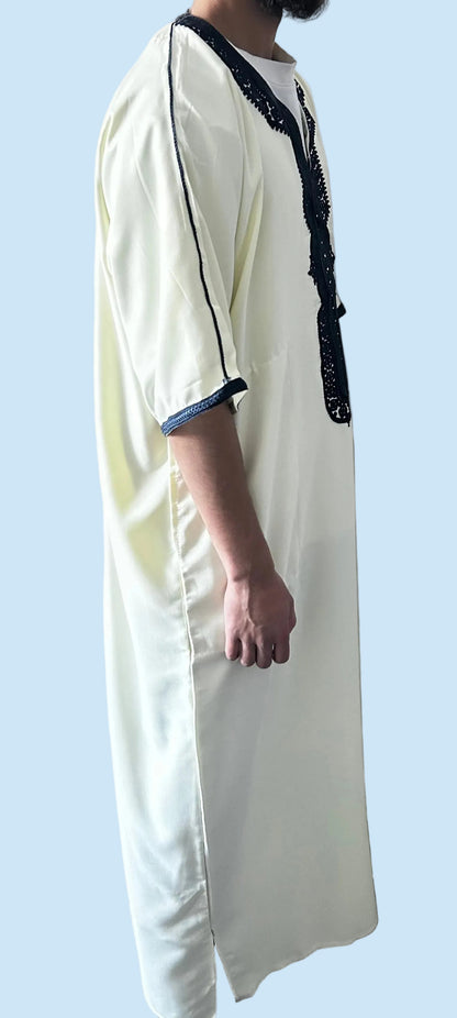 men's White Moroccan thobe with midnight blue embroidery, side view

