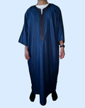 Midnight blue Moroccan thobe with navy blue embroidery, front view